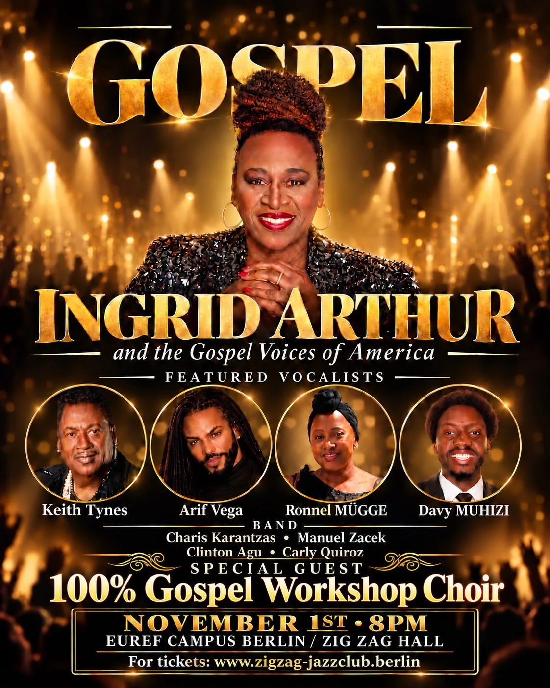 Plakat: Ingrid Arthur and the Gospel Voices of America, Konzert am 1. November um 20 Uhr, EUREF-Campus Berlin, Zig Zag Hall